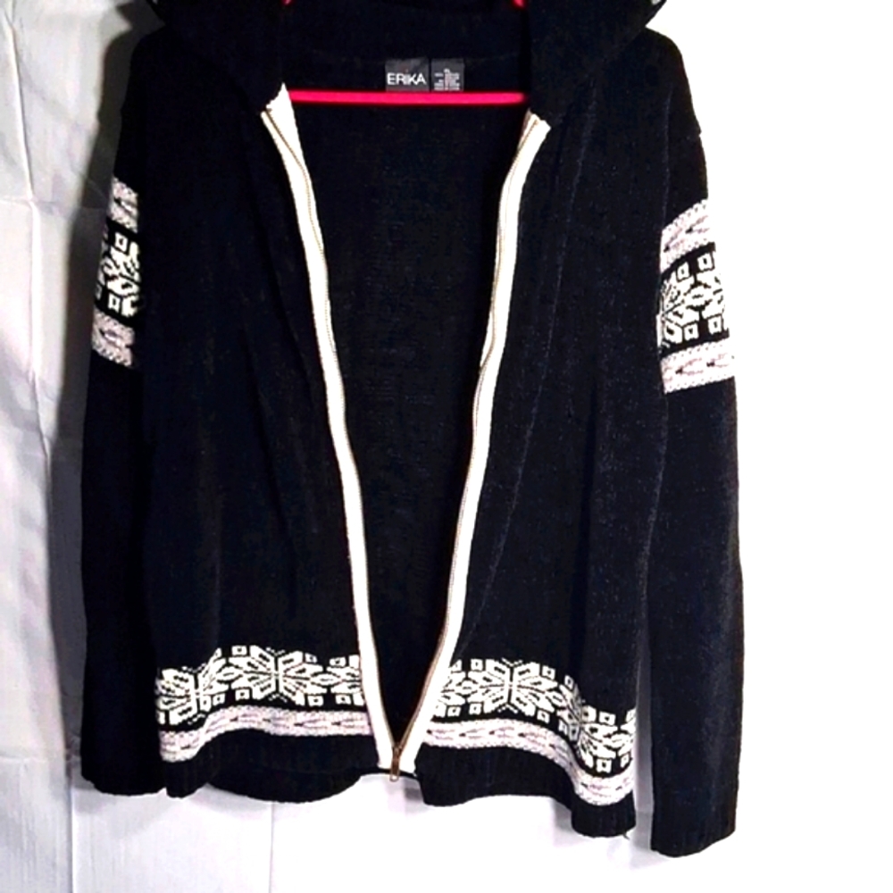 Erika Cardigan Womens PL Black Full Zip Collared Fair Isle Chenille Cozy Nordic - Picture 10 of 13